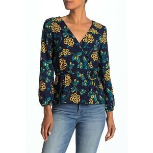 J. Crew Drapey Crepe Floral Wrap Blouse Women's‎ S Navy Yellow V-Neck Top